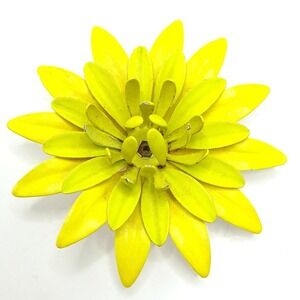 Vintage 1950s Yellow Enamel Flower Brooch Layer Petal Daisy Pin 3" Retro Mod MCM